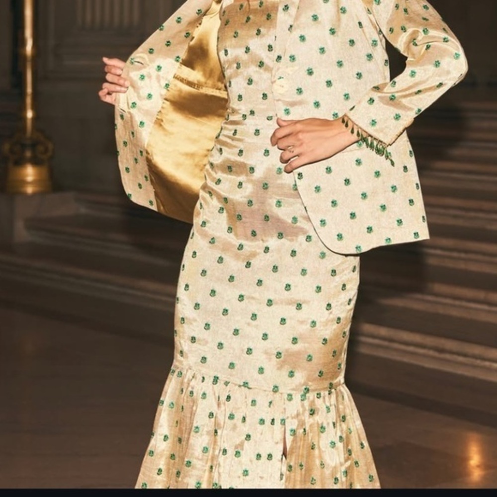 EDDY sample dress. Elegant Gold and Green floral embroidered Dress
